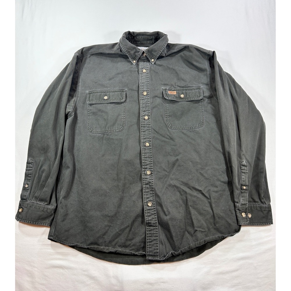 Carhartt Mens Large Long Sleeve Button Down Work Shirt Faded Black Cotton Top